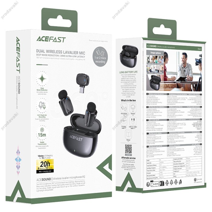 Бездротовий мікрофон ACEFAST R2 wireless lavalier microphones Type-C 2 мікрофона Black